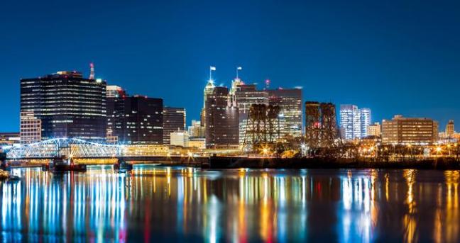 Newark, NJ cityscape by night